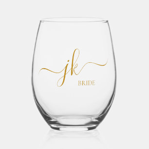 Personalised Bride Name Gold Script Monogram Stemless Wine Glass