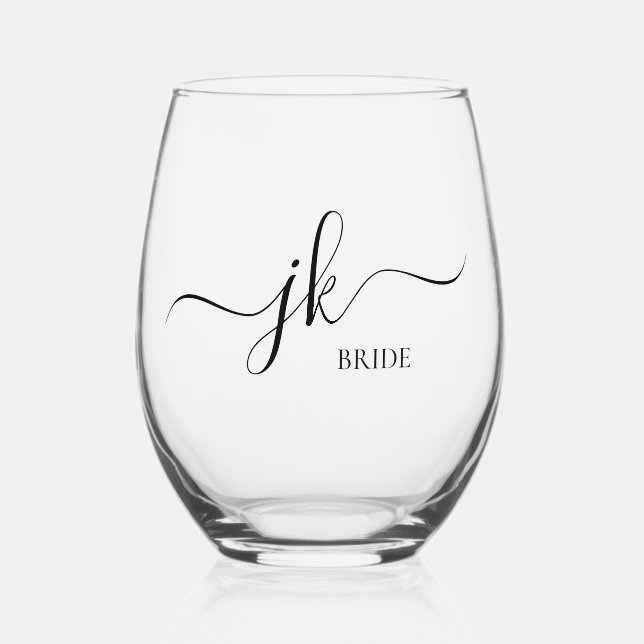Personalised Bride Name Monogram Stemless Wine Glass (Front)
