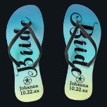 Personalised Bride Sand Dollar Beach Wedding Flip Flops<br><div class="desc">Walk in comfort on your wedding day with these personalised flip flops. These can be customised with a bride's name and wedding date. The background has pretty watercolors in shades of blue and a hint of green at the bottom. You can delete the background and choose another colour by clicking...</div>