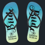 Personalised Bride Sand Dollar Beach Wedding Flip Flops<br><div class="desc">Walk in comfort on your wedding day with these personalised flip flops. These can be customised with a bride's name and wedding date. The background has pretty watercolors in shades of blue and a hint of green at the bottom. You can delete the background and choose another colour by clicking...</div>