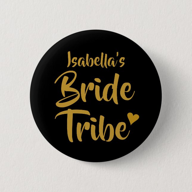 Personalised Bride Tribe Gold Heart 6 Cm Round Badge (Front)