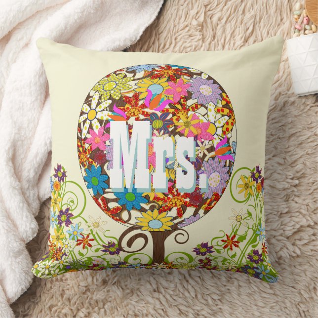 Personalised Brides Coral and Aqua Flower Tree Cushion (Blanket)