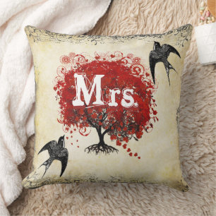 Personalised Brides Red Heart Leaf Tree Mrs. Cushion