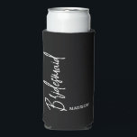 Personalised Bridesmaid Black White Script Wedding Seltzer Can Cooler<br><div class="desc">Surprise your bridesmaids with this Personalised Bridesmaid Black White Script Wedding Seltzer Can Cooler. It is trendy modern minimalist designed with a solid black background. The word "bridesmaid" is in stylish white hand lettered script vertical on left side. Name is in white simple lettering across lower right area. Design is...</div>