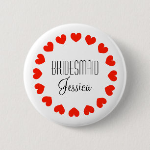 Personalised bridesmaid buttons with red hearts