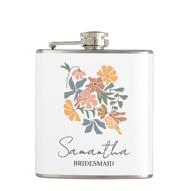 Personalised Bridesmaid Flower Boho Wedding Hip Flask (Front)