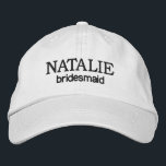 Personalised Bridesmaid Gift Bachelorette Party Embroidered Hat<br><div class="desc">Make a statement at your bachelorette party with our Personalised Bridesmaid Gift Bachelorette Party Embroidered Baseball Cap. These custom text embroidered baseball caps are the perfect accessory to add a touch of personalised flair to your celebration. The caps feature custom embroidery, allowing you to include your own text, monogram, or...</div>