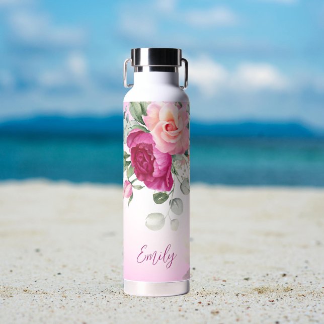 Personalised bridesmaid gifts magenta peonies water bottle (Magenta peonies pink roses personalized water bottle bridesmaid gifts bridal party favors)