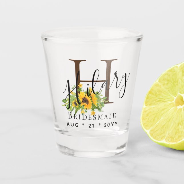 Personalised Bridesmaid Initial Name SUNFLOWERS Shot Glass (Front)