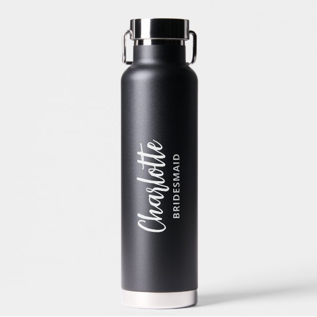 Personalised Bridesmaid Name Script Black Wedding Water Bottle (Front)