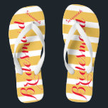 Personalised Bridesmaid Pinkish Red Misty Yellow Flip Flops<br><div class="desc">Flame Scarlet Pinkish Red Font and Misted Yellow and White Stripes Pattern - Change Misted Yellow and Reddish Pink to Any Colour by clicking customise. Furthermore say anything you want! Anything at all! Make these one of a kind flip flops that have YOUR message on them. Be the talk of...</div>