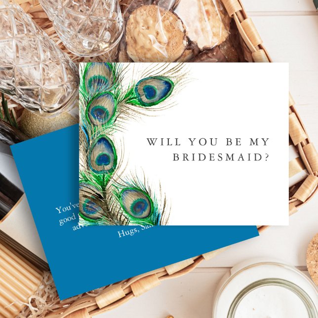 Personalised Bridesmaid Proposal Cards Peacock  (bridesmaid proposal card features watercolor peacock feather art by Victoria Grigaliunas)