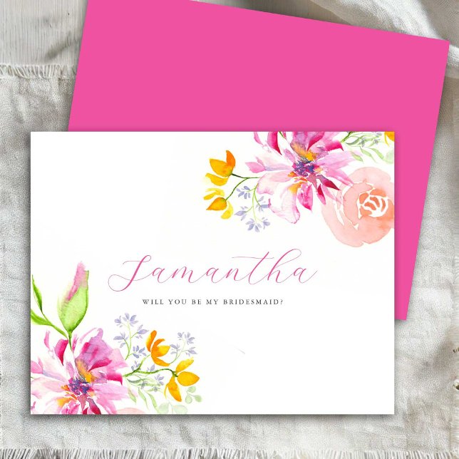 Personalised Bridesmaid Proposal Cards Watercolor  (Bridesmaid proposal cards watercolor pink flowers art by Victoria Grigaliunas of Do Tell A Belle)