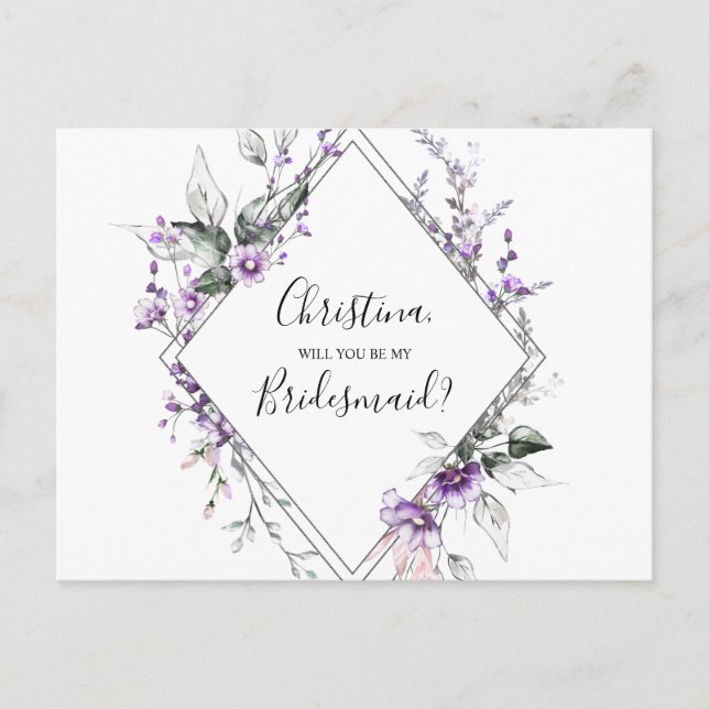 Personalised Bridesmaid Proposal Floral Purple Invitation Postcard (Front)