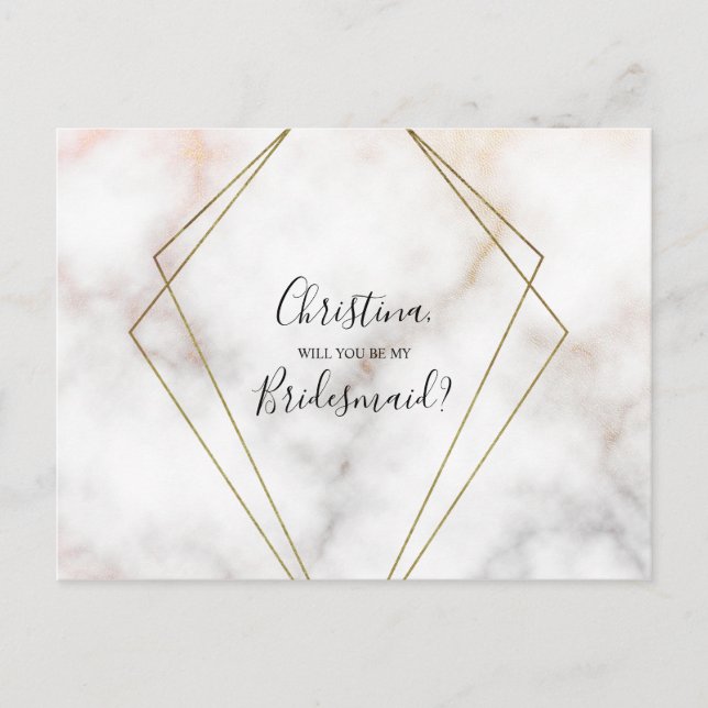 Personalised Bridesmaid Proposal Marble Rose Gold Invitation Postcard (Front)
