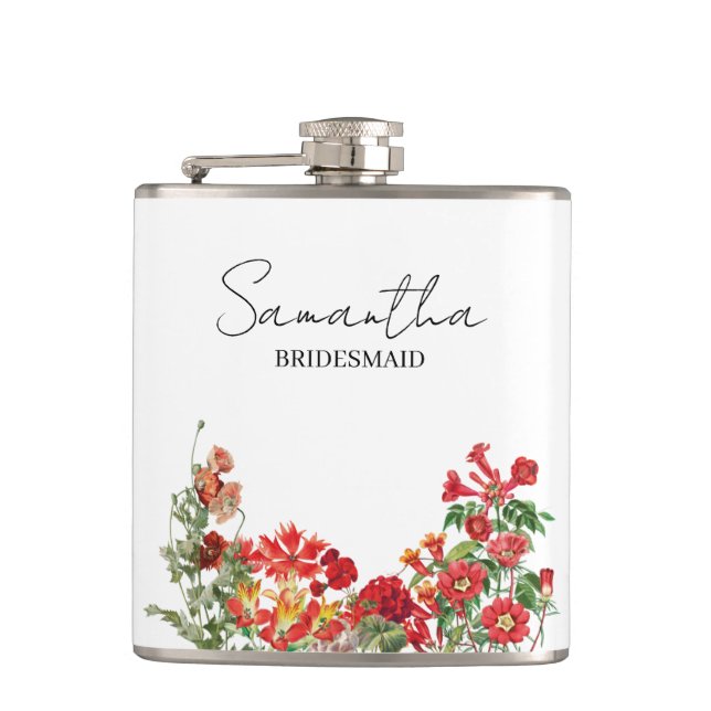 Personalised Bridesmaid Red Floral Wedding Hip Flask (Front)