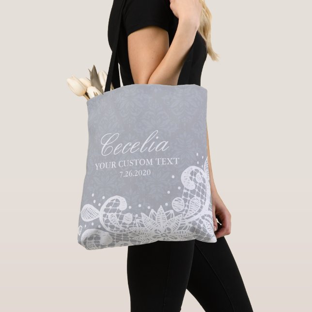 Personalised Bridesmaid Vintage White Lace Wedding Tote Bag (Close Up)