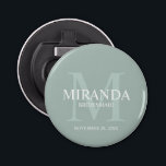 Personalised Bridesmaid's Monogram and Name Bottle Opener<br><div class="desc">Add a personal touch to your wedding with personalised bridesmaid's monogram and name gift. This design features personalised bridesmaid's name with title and wedding date in white and monogram in sage green as background, in classic serif font style, on sage green background. Also perfect for maid of honour, mother of...</div>