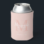 Personalised Bridesmaid's Monogram and Name Can Cooler<br><div class="desc">Personalised Bridesmaids Gifts features personalised bridesmaid's name in white classic script font style and monogram in blush pink classic serif font style as background with title and wedding date in white classic serif font style on blush pink background. Also perfect for maid of honour, flower girl, mother of the bride...</div>