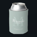 Personalised Bridesmaid's Monogram and Name Can Cooler<br><div class="desc">Personalised Bridesmaids Gifts features personalised bridesmaid's name in white classic script font style and monogram in sage green classic serif font style as background with title and wedding date in white classic serif font style on sage green background. Also perfect for maid of honour, flower girl, mother of the bride...</div>