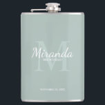 Personalised Bridesmaid's Monogram and Name Hip Flask<br><div class="desc">Personalised Bridesmaids Gifts features personalised bridesmaid's name in white classic script font style and monogram in sage green classic serif font style as background with title and wedding date in white classic serif font style on sage green background. Also perfect for maid of honour, flower girl, mother of the bride...</div>
