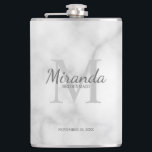 Personalised Bridesmaid's Monogram and Name Hip Flask<br><div class="desc">Personalised Bridesmaids Gifts features personalised bridesmaid's name in grey classic script font style and monogram in light grey classic serif font style as background with title and wedding date in grey classic serif font style on white marble background. Also perfect for maid of honour, flower girl, mother of the bride...</div>
