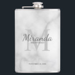 Personalised Bridesmaid's Monogram and Name Hip Flask<br><div class="desc">Personalised Bridesmaids Gifts features personalised bridesmaid's name in grey classic script font style and monogram in light grey classic serif font style as background with title and wedding date in grey classic serif font style on white marble background. Also perfect for maid of honour, flower girl, mother of the bride...</div>