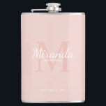 Personalised Bridesmaid's Monogram and Name Hip Flask<br><div class="desc">Personalised Bridesmaids Gifts features personalised bridesmaid's name in white classic script font style and monogram in blush pink classic serif font style as background with title and wedding date in white classic serif font style on blush pink background. Also perfect for maid of honour, flower girl, mother of the bride...</div>