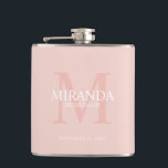 Personalised Bridesmaid's Monogram and Name Hip Flask<br><div class="desc">Add a personal touch to your wedding with personalised bridesmaid's monogram and name gift. This design features personalised bridesmaid's name with title and wedding date in white and monogram in blush pink as background, in classic serif font style, on blush pink background. Also perfect for maid of honour, mother of...</div>