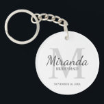 Personalised Bridesmaid's Monogram and Name Key Ring<br><div class="desc">Personalised Bridesmaids Gifts features personalised bridesmaid's name in grey classic script font style and monogram in light grey classic serif font style as background with title and wedding date in grey classic serif font style on white background. Also perfect for maid of honour, flower girl, mother of the bride and...</div>