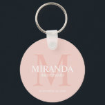 Personalised Bridesmaid's Monogram and Name Key Ring<br><div class="desc">Add a personal touch to your wedding with personalised bridesmaid's monogram and name gift. This design features personalised bridesmaid's name with title and wedding date in white and monogram in blush pink as background, in classic serif font style, on blush pink background. Also perfect for maid of honour, mother of...</div>
