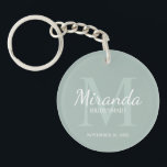 Personalised Bridesmaid's Monogram and Name Key Ring<br><div class="desc">Personalised Bridesmaids Gifts features personalised bridesmaid's name in white classic script font style and monogram in sage green classic serif font style as background with title and wedding date in white classic serif font style on sage green background. Also perfect for maid of honour, flower girl, mother of the bride...</div>