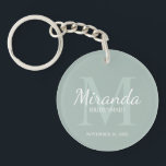 Personalised Bridesmaid's Monogram and Name Key Ring<br><div class="desc">Personalised Bridesmaids Gifts features personalised bridesmaid's name in white classic script font style and monogram in sage green classic serif font style as background with title and wedding date in white classic serif font style on sage green background. Also perfect for maid of honour, flower girl, mother of the bride...</div>
