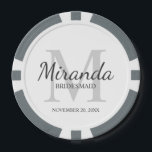 Personalised Bridesmaid's Monogram and Name Poker Chips<br><div class="desc">Personalised Bridesmaids Gifts features personalised bridesmaid's name in grey classic script font style and monogram in light grey classic serif font style as background with title and wedding date in grey classic serif font style on white background. Also perfect for maid of honour, flower girl, mother of the bride and...</div>