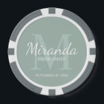 Personalised Bridesmaid's Monogram and Name Poker Chips<br><div class="desc">Personalised Bridesmaids Gifts features personalised bridesmaid's name in white classic script font style and monogram in sage green classic serif font style as background with title and wedding date in white classic serif font style on sage green background. Also perfect for maid of honour, flower girl, mother of the bride...</div>