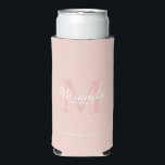 Personalised Bridesmaid's Monogram and Name Seltzer Can Cooler<br><div class="desc">Personalised Bridesmaids Gifts features personalised bridesmaid's name in white classic script font style and monogram in blush pink classic serif font style as background with title and wedding date in white classic serif font style on blush pink background. Also perfect for maid of honour, flower girl, mother of the bride...</div>