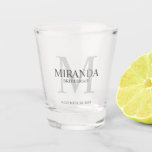Personalised Bridesmaid's Monogram and Name Shot Glass<br><div class="desc">Add a personal touch to your wedding with personalised bridesmaid's monogram and name gift. This design features personalised bridesmaid's name with title and wedding date in grey and monogram in light grey as background, in classic serif font style. Also perfect for maid of honour, mother of the bride and more....</div>