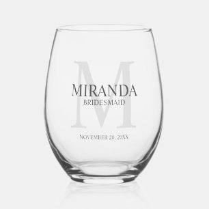 Personalised Bridesmaid's Monogram and Name Stemless Wine Glass
