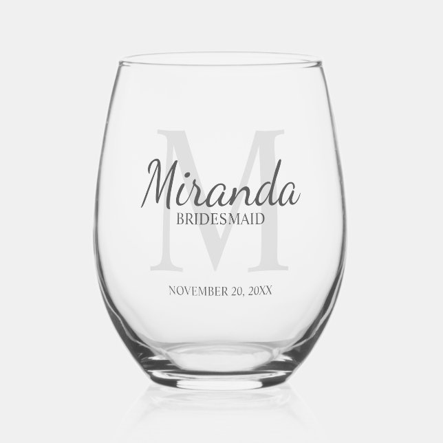 Personalised Bridesmaid's Monogram and Name Stemless Wine Glass (Front)