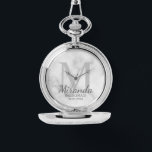 Personalised Bridesmaid's Monogram and Name Watch<br><div class="desc">Personalised Bridesmaids Gifts features personalised bridesmaid's name in grey classic script font style and monogram in light grey classic serif font style as background with title and wedding date in grey classic serif font style on white marble background. Also perfect for maid of honour, flower girl, mother of the bride...</div>