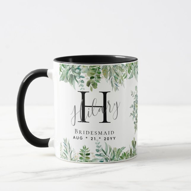 Personalised Bridesmaids Monogram Greenery Wedding Mug (Left)