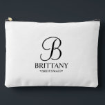 Personalised Bridesmaid's Name and Monogram Accessory Pouch<br><div class="desc">Elegant Black and White Personalised Bridesmaid Gifts
featuring personalised monogram in black elegant script font style with bridesmaid's name and title in classic serif font style on white background.

Also perfect for maid of honour,  flower girl,  mother of the bride and more.</div>