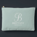 Personalised Bridesmaid's Name and Monogram Accessory Pouch<br><div class="desc">Elegant Black and White Personalised Bridesmaid Gifts
featuring personalised monogram in white elegant script font style with bridesmaid's name and title in classic serif font style on sage green background.

Also perfect for maid of honour,  flower girl,  mother of the bride and more.</div>