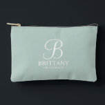 Personalised Bridesmaid's Name and Monogram Accessory Pouch<br><div class="desc">Elegant Black and White Personalised Bridesmaid Gifts
featuring personalised monogram in white elegant script font style with bridesmaid's name and title in classic serif font style on sage green background.

Also perfect for maid of honour,  flower girl,  mother of the bride and more.</div>