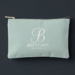 Personalised Bridesmaid's Name and Monogram Accessory Pouch<br><div class="desc">Elegant Black and White Personalised Bridesmaid Gifts
featuring personalised monogram in white elegant script font style with bridesmaid's name and title in classic serif font style on sage green background.

Also perfect for maid of honour,  flower girl,  mother of the bride and more.</div>