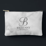 Personalised Bridesmaid's Name and Monogram Accessory Pouch<br><div class="desc">Elegant Black and White Personalised Bridesmaid Gifts
featuring personalised monogram in grey elegant script font style with bridesmaid's name and title in classic serif font style on white marble background.

Also perfect for maid of honour,  flower girl,  mother of the bride and more.</div>