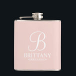 Personalised Bridesmaid's Name and Monogram Hip Flask<br><div class="desc">Elegant Personalised Bridesmaid Gifts
featuring personalised monogram in white elegant script font style with bridesmaid's name and title in classic serif font style on blush pink background.

Also perfect for maid of honour,  flower girl,  mother of the bride and more.</div>