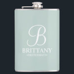 Personalised Bridesmaid's Name and Monogram Hip Flask<br><div class="desc">Elegant Personalised Bridesmaid Gifts
featuring personalised monogram in white elegant script font style with bridesmaid's name and title in classic serif font style on sage green background.

Also perfect for maid of honour,  mother of the bride and more.</div>