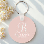 Personalised Bridesmaid's Name and Monogram Key Ring<br><div class="desc">Elegant Personalised Bridesmaid Gifts
featuring personalised monogram in white elegant script font style with bridesmaid's name and title in classic serif font style on blush pink background.

Also perfect for maid of honour,  flower girl,  mother of the bride and more.</div>