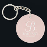 Personalised Bridesmaid's Name and Monogram Key Ring<br><div class="desc">Elegant Personalised Bridesmaid Gifts
featuring personalised monogram in white elegant script font style with bridesmaid's name and title in classic serif font style on blush pink background.

Also perfect for maid of honour,  flower girl,  mother of the bride and more.</div>